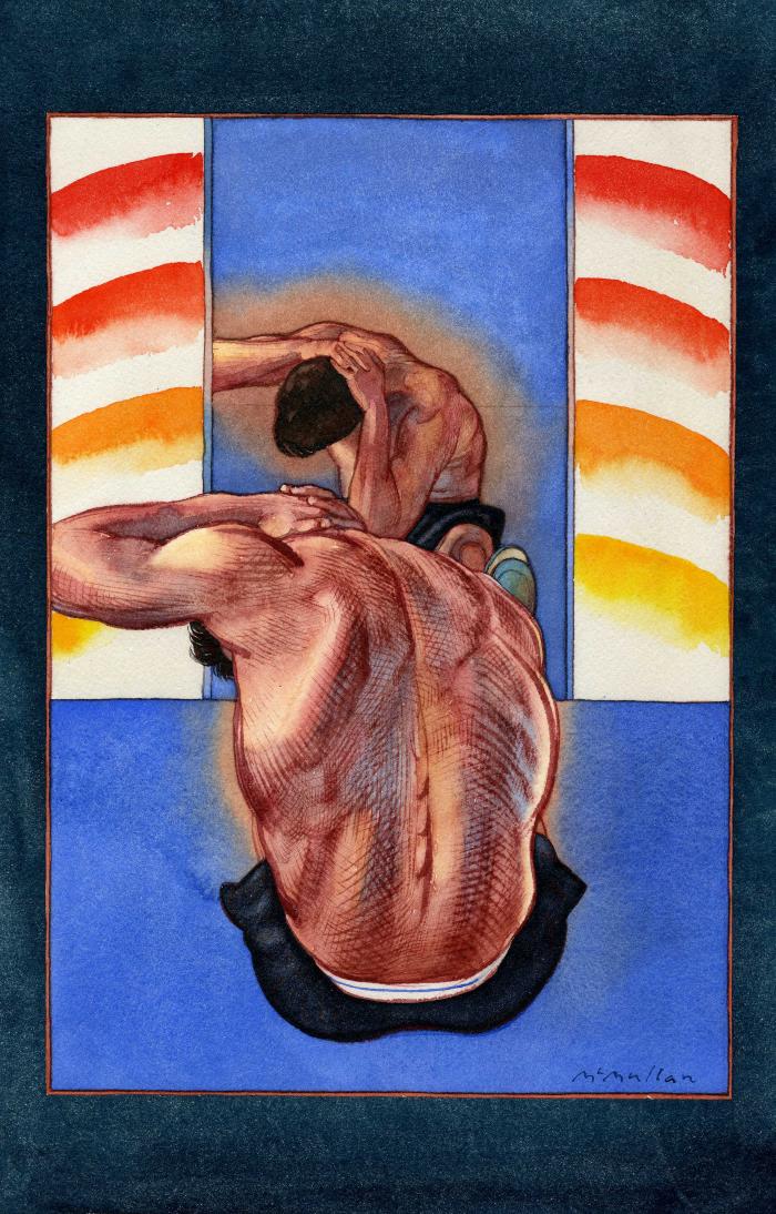Original Art depicts: Illustration of a the back view of man sitting in front of a mirror doing sit-ups with his hands on his neck.