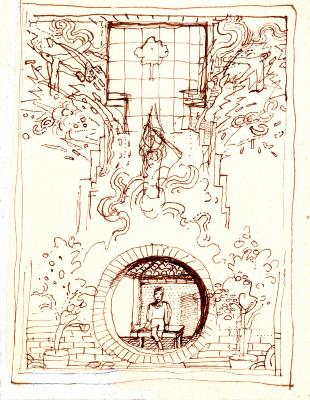 Original Art depicts: Rough sketch of two shrubs framing a circular cutout of a boy standing in a living room. Above it is airplanes and squiggles painted in the shape of a tree with a giant paintbrush painting a tree in a square cutout in the center.