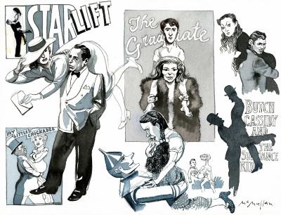 Original Art depicts: Illustration of many different famous characters each lifting up their partner in a star lift covering the page. There is Dorothy and the Tin Man, Rick and Ilsa from Casablanca, the two main characters from The Graduate, the mains from My Little Chickadee, and several others.