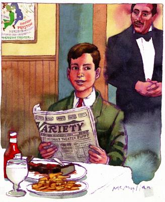 Clippings/Tearsheets depicts: Front view illustration of a young Frank Rich in a green suit holding a Variety newspaper at a restaurant booth. There is a glass of water, a ketchup bottle, a steak and a plate of french fries at the table, and a waiter in a suit stands behind Frank with his hands crossed in front of him.