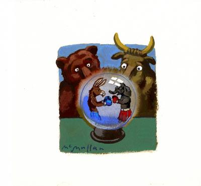 Original Art depicts: Illustration of a bear and a bull looking at a crystal ball. Inside the crystal ball, and elephant in red and a donkey in blue are dressed as boxers boxing each other.