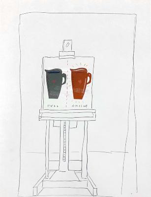 Original Art, Posters depicts: pencil sketch of easel with cut paper pitchers.