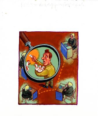 Original Art depicts: An illustration of four women in each corner of the image dressed in black with white hoods sit at desks labeled "CHICKEN." In the center is a man framed by a magnifying glass, with his mouth open and dressed in yellow holding chickens and holding out a piece of paper with a dollar sign on it.