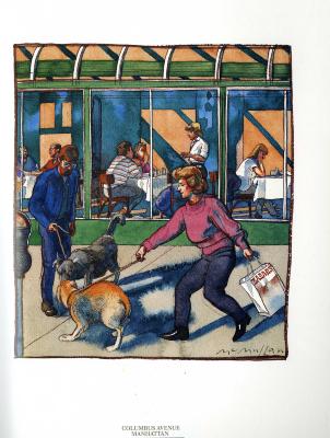 Annual Reports and Corporate Communications depicts: A man and a woman are each being pulled by a dog on a leash ad the dogs sniff each other, with one dog having its tail tucked. They are standing on the sidewalk in front of a restaurant with big glass windows.