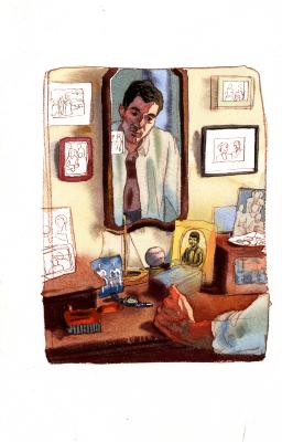 Original Art depicts: Sketch. Middle aged man's front view reflection can be seen in a dresser mirror with many pictures of a child during different life events on the dresser. A baseball, a watch, and a comb also sit on the dresser.