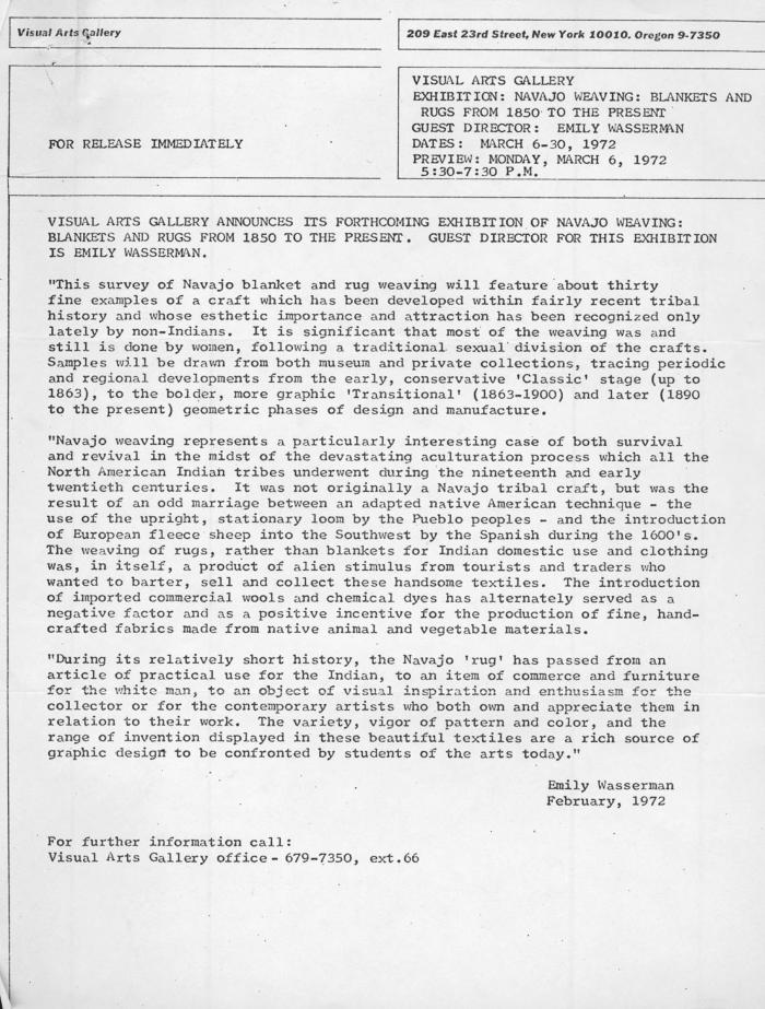 Press Releases depicts: Typewritten description of exhibition