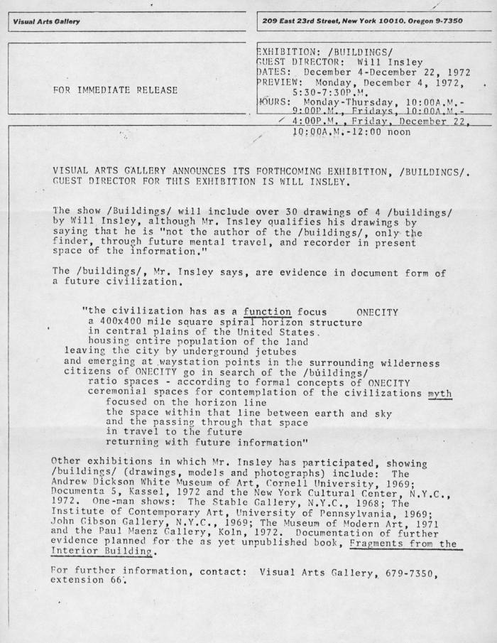 Press Releases depicts: Typewritten description of exhibition