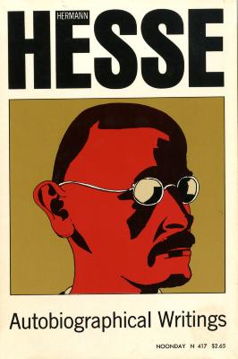 Book Covers depicts: Portrait of Hermann Hesse in red. He's looking to the right and wearing sunglasses