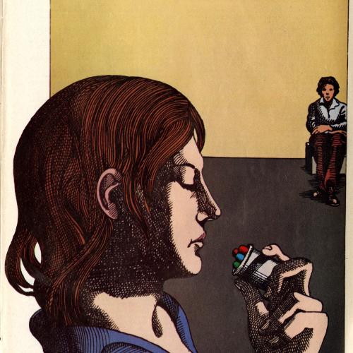 Serial Publications depicts: person looking into a pill bottle with colorful pills inside