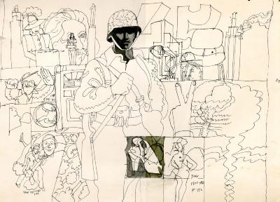 Original Art depicts: pen and ink sketch of various images representing the year 1945 including a soldier in a helmet, dancers, and women's garments
