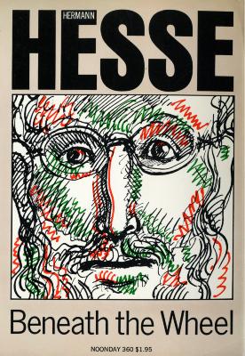 Book Covers depicts: Portrait of Hesse facing forward made up of squiggly lines in black, red and green.