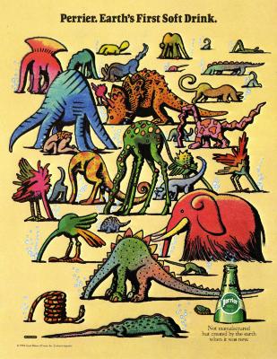 Advertisements depicts: drawing of rows of colorful dinosaurs with their heads in the sand