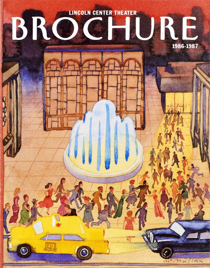 Booklet/Brochure depicts: Watercolor rendition of Lincoln Center with many people streaming into the theater. A taxi and a black car are in the foreground.