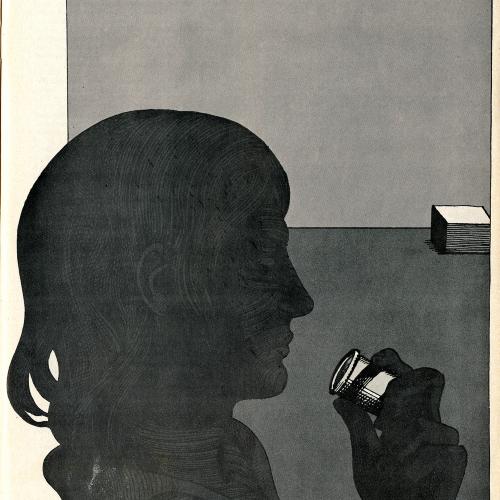 Serial Publications depicts: Person in profile holding a pill bottle in front of his or her face
