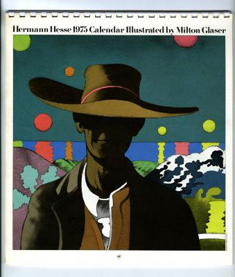 Calendars depicts: Portait of Hermann Hesse, smiling and wearing a wide-brimmed hat that covers his eyes. He's standing in front of a colorful, abstract landscape