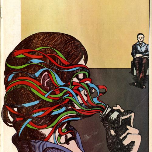 Serial Publications depicts: person with pill bottle in front of their face with many colorful snakes coming out and covering the person's head