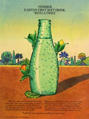 Advertisements depicts: drawing of bottle in a landscape with flowers growing out of it