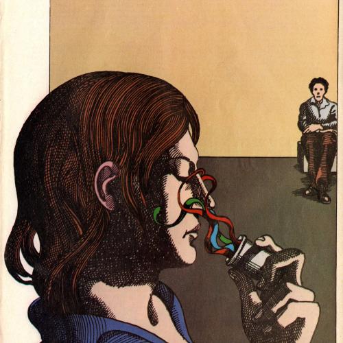 Serial Publications depicts: person with pill bottle in front of their face with colorful plumes coming out of it