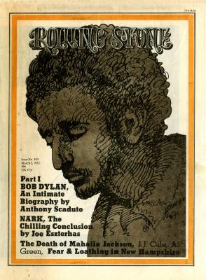 Serial Publications depicts: pen and ink portrait of Bob Dylan in profile, his eyes are down