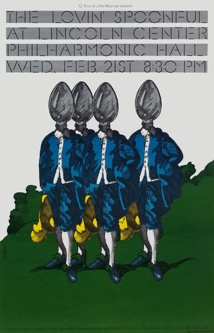 Posters depicts: surreal illustration four figures wearing blue jackets and breeches with spoons in place of their heads