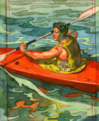 Original Art depicts: Watercolor rendition of a man in a kayak wearing a yellow vest holding a paddle. He is in water.