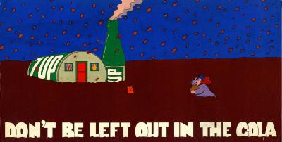 Original Art depicts: Man wading through a deep pool of cola heading toward a 7-up can-shaped home partially submerged in cola with a bottle of 7-up as a chimney.