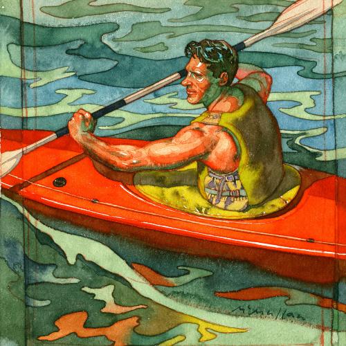 Original Art depicts: Watercolor rendition of a man in a kayak wearing a yellow vest holding a paddle. He is in water.