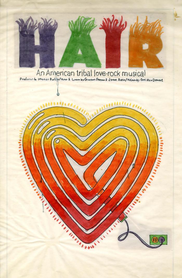Original Art depicts: Heart made of neon lighting tubes, plugged into the wall. The text "Hair" at the top of the sketch has hair growing out of the top of it.