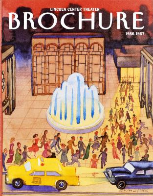 Booklet/Brochure depicts: Watercolor rendition of Lincoln Center with many people streaming into the theater. A taxi and a black car are in the foreground.