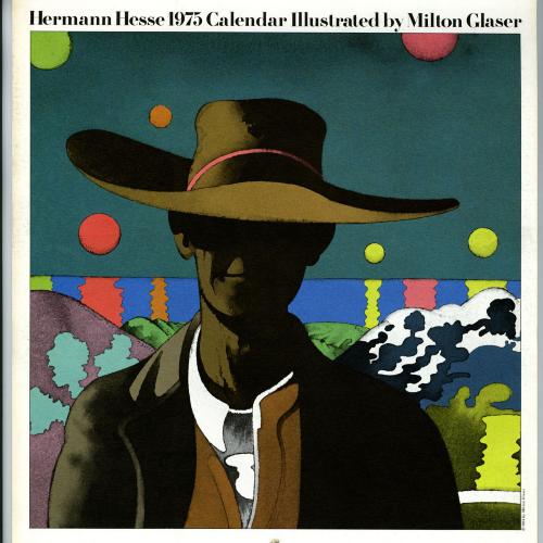 Calendars depicts: Portait of Hermann Hesse, smiling and wearing a wide-brimmed hat that covers his eyes. He's standing in front of a colorful, abstract landscape