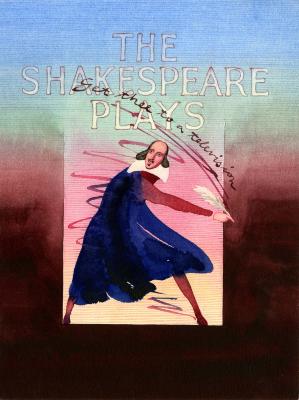 Original Art depicts: Watercolor rendition of Shakespeare in a blue cape writing "get thee to a television" with a quill pen across the image.