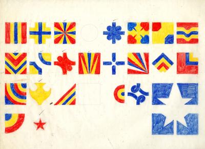 Original Art depicts: geometric designs in red, blue and yellow 