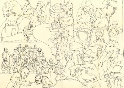 Original Art depicts: pen and ink sketch of men and women at work on various aspect of the industries that Ansul represents