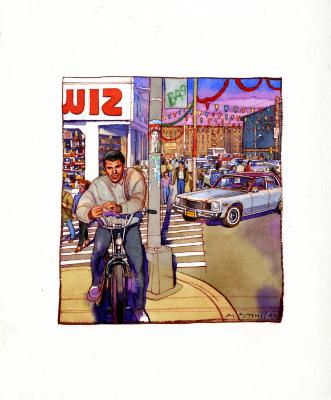 Original Art depicts: Watercolor rendition of a busy New York street corner. Many people and cars are in the background while a man on a bicycle is in the foreground.
