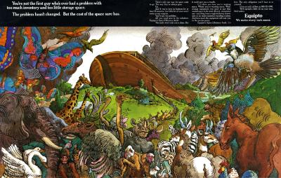Posters, Advertisements depicts: Illustration of crowd of pairs of animals preparing to board Noah's ark