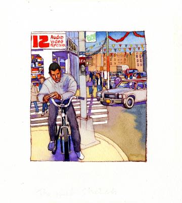 Original Art depicts: Watercolor rendition of a busy New York street corner. Many people and cars are in the background while a man on a bicycle is in the foreground.