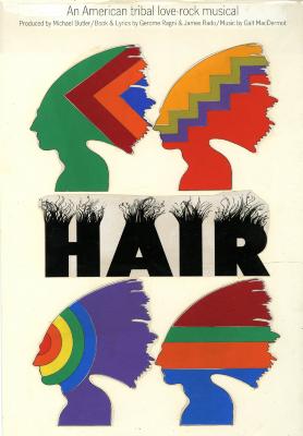 Original Art depicts: Four colorful profiles of peiople with hair blown back. The hair and faces are covered with geometric shapes. The text "Hair" in the middle of the sketch has hair growing out of the top of it.