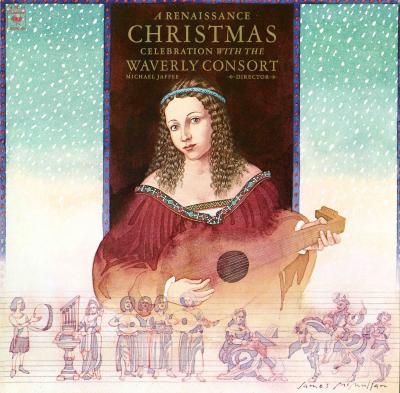 Album Covers depicts: Drawinf of a woman in renaissance clothing playing a stringed instrument. At the bottom are many renaissance people playing instruments on a music staff.