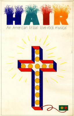 Original Art depicts: Large cross with lights plugged into the wall. The colorful text "Hair" at the top of the sketch has hair growing out of the top of it.