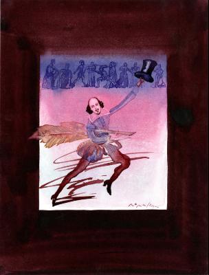 Original Art depicts: Watercolor rendition of  the front view of Shakespeare with a very large feather and a top hat leaping. In the background there are many medieval dressed people in a line rendered in a simplistic style.