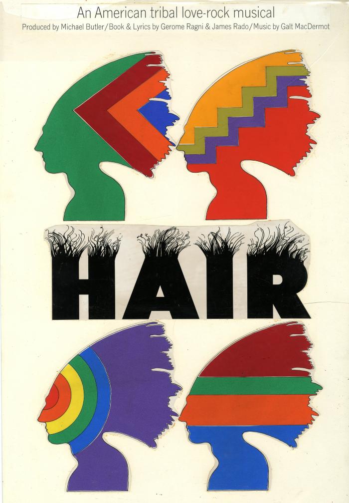 Original Art depicts: Four colorful profiles of peiople with hair blown back. The hair and faces are covered with geometric shapes. The text "Hair" in the middle of the sketch has hair growing out of the top of it.