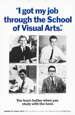 Posters depicts: Blue text against white background. Black and white grid of photos of various SVA alumni.