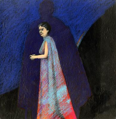 Original Art depicts: Portrait of Eleanor Roosevelt in a flowing blue gown with in a larger shadow behind her