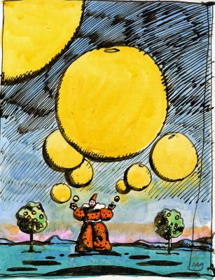Original Art depicts: Clown juggling giant grapefruits in a landscape