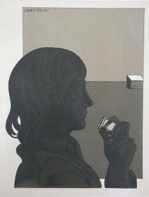 Original Art depicts: Person in profile looking into a pill bottle