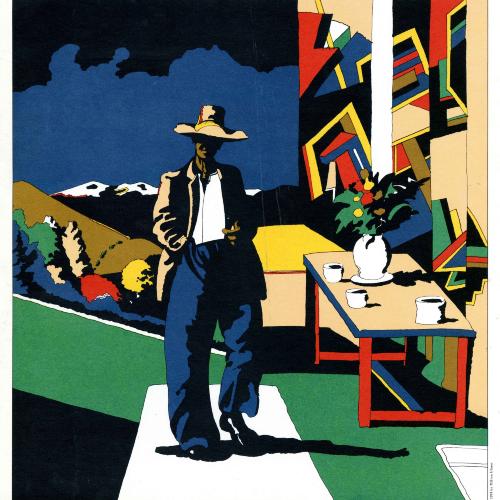 Calendars depicts: Colorful portrait of Hermann Hesse wearing a hat, standing next to a table with a vase of flowers. He's standing in a landscape. 
