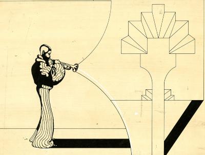 Original Art depicts: black and white pen and ink drawing of Hugh Masekela in striped pants playing the trumpet. From the trumpet emanates a geometric tree
