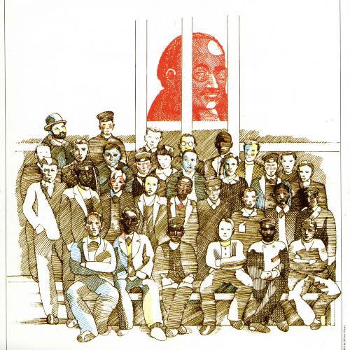Calendars depicts: cross hatched drawing of group of men arranged in four rows. At the top there's a portrait of Hermann Hesse in red.