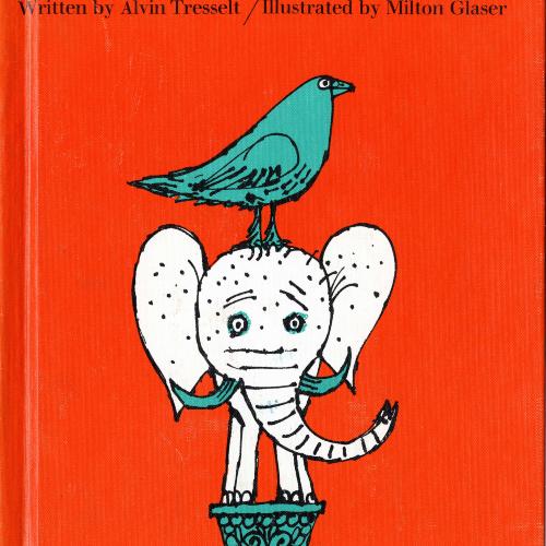 Book Covers depicts: Cartoon like drawing of a small elephant on top of a column with a comparatively large bird perched on its head