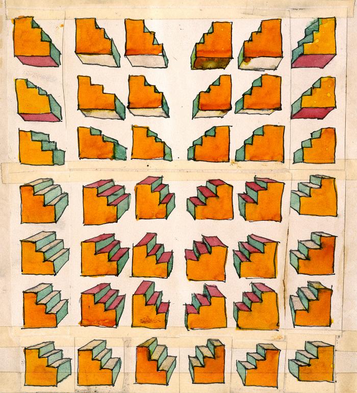 Original Art depicts: pen and ink and colored inks of three-dimensional stairstep shapes arranged in three columns of seven units each